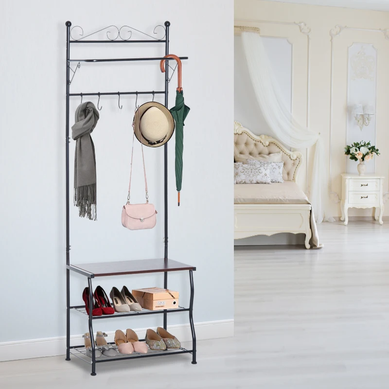 HOMCOM Portant porte-manteaux vestiaire d'entrée style néo-rétro fer forgé multi-rangements 60L x 35l x 175H cm noir