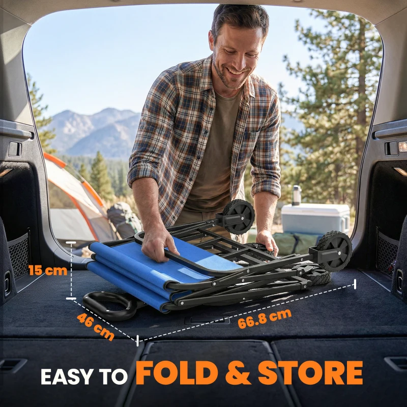 Outsunny Carro de Jardín Plegable con Ruedas Mango Ajustable Carga 68 kg para Campaña Compra 81x45x89 cm Azul