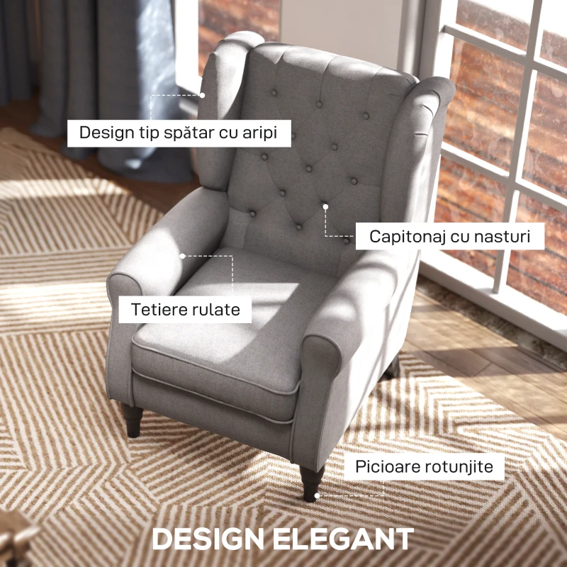 Homcom Fotoliu Chesterfield in Tesatura Detasabila cu Sezuta Ampla Gri 74 x 86 102 cm