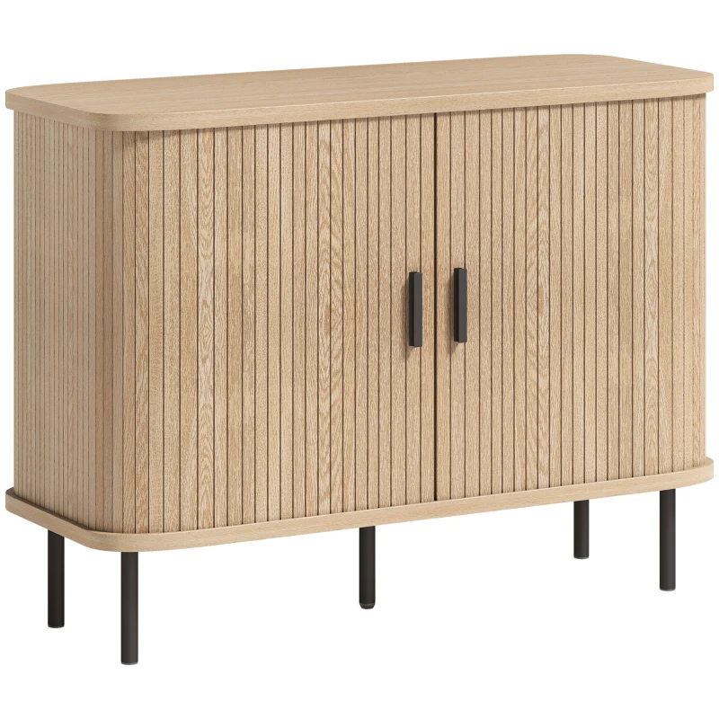 HOMCOM Buffet salon, meuble de rangement avec 2 portes coulissantes en tambour à lattes et 4 compartiments, chêne
