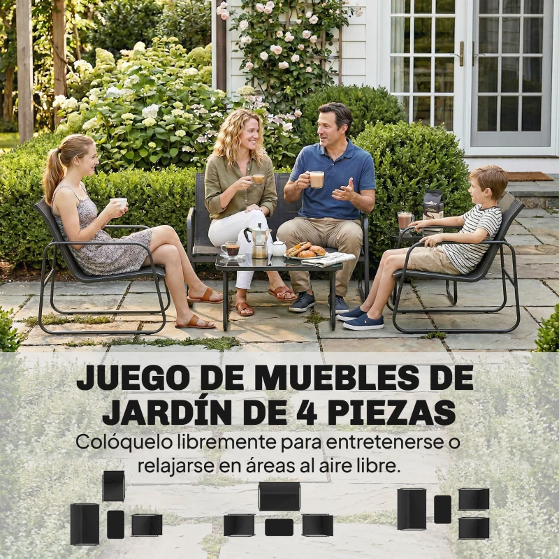 Outsunny Conjunto Jardín Exterior de 4 Piezas con Sofá de 2 Plazas 2 Sillones Mesa de Vidrio Templado Tela Textilene Gris Oscuro