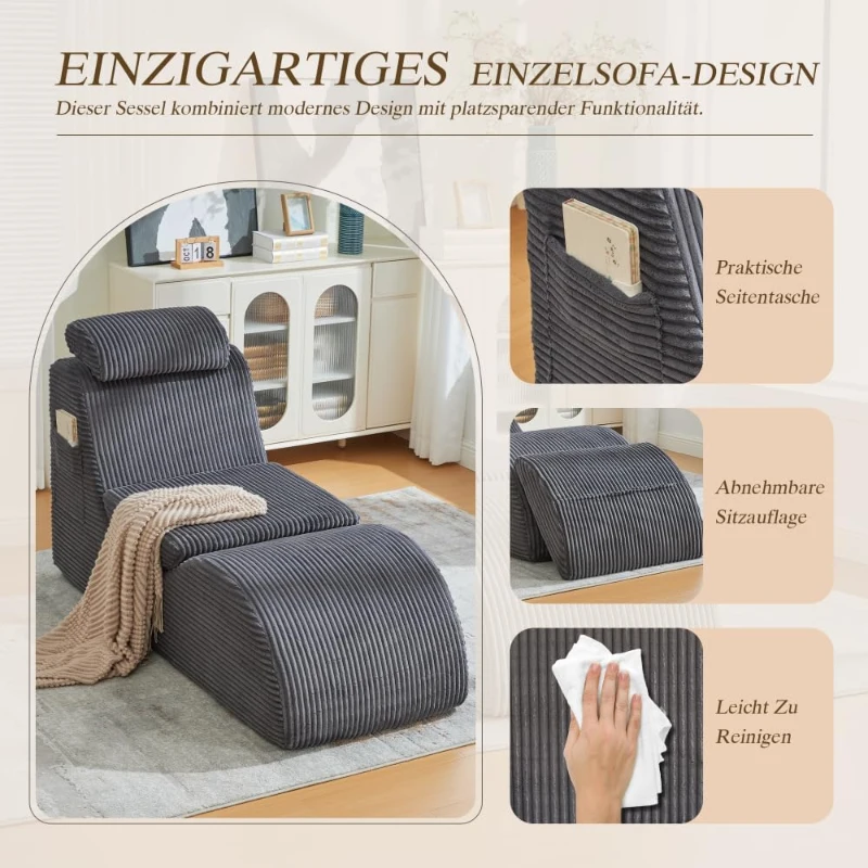 Moderner Freizeit-Sessel mit ergonomischer Rückenlehne, abnehmbarem Sitzkissen und Seitentasche, 160 x 66 x 90 cm, Dunkelgrau