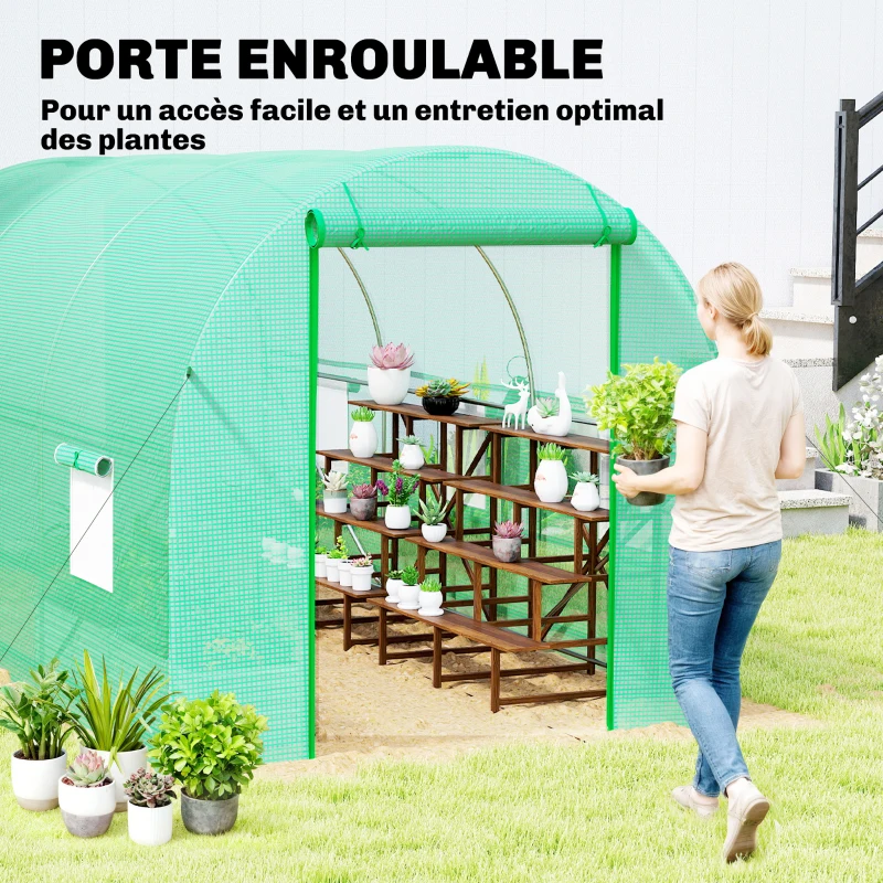 Outsunny Serre tunnel de jardin 8 m², serre de jardin tunnel avec porte et 6 fenêtres, bâche PE 140 g/m² 400 x 200 x 200 cm vert