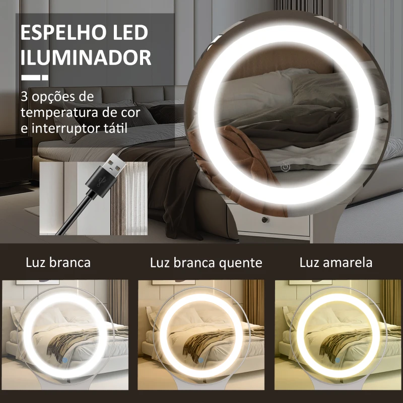 HOMCOM Toucador com Espelho e Luzes LED Ajustáveis 5 Gavetas 4 Compartimentos e 1 Prateleira 100x44x137 cm Branco e Madeira