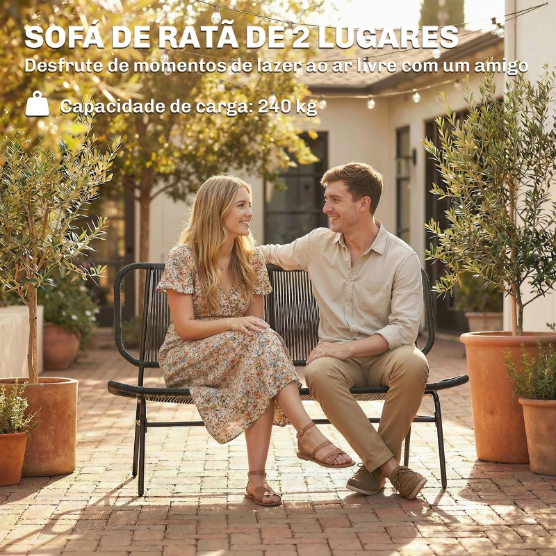 Outsunny Sofá Exterior de Ratan de 2 Lugares com Assento e Encosto em Ratan, Estrutura de Aço, Suporta até 240 kg, Preto