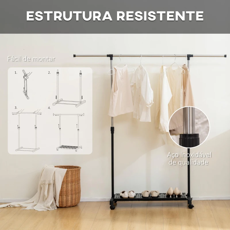 HOMCOM Charriot com Rodas com Barra de Aço Inoxidável e Prateleira para Sapatos Altura Ajustável 94-159x42x93-168 cm Preto