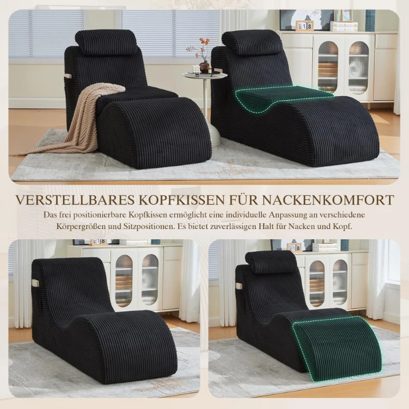 Moderner Freizeit-Sessel mit ergonomischer Rückenlehne, abnehmbarem Sitzkissen und Seitentasche, 160 x 66 x 90 cm, Schwarz