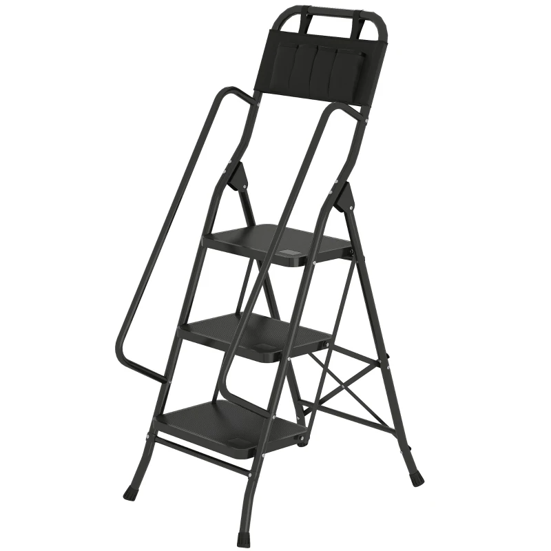 HOMCOM Escada Dobrável com 3 Degraus com Apoio para os Braços e Suporte para Ferramentas 49x66x136 cm Preto