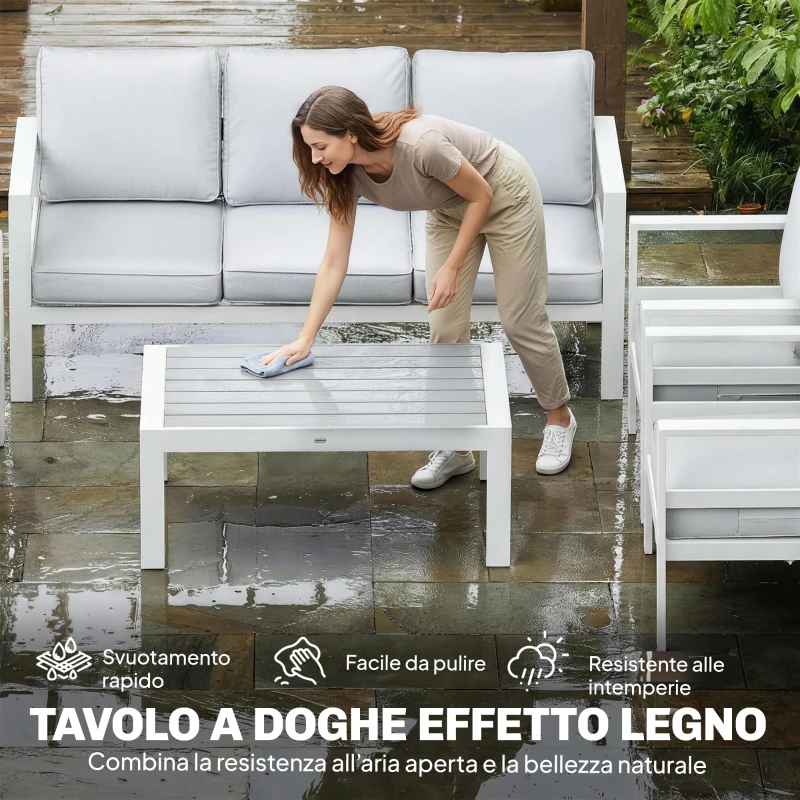Outsunny Mobili da Giardino in Alluminio con Divano 3 Posti, 2 Sedie e Tavolo per Esterni, Bianco