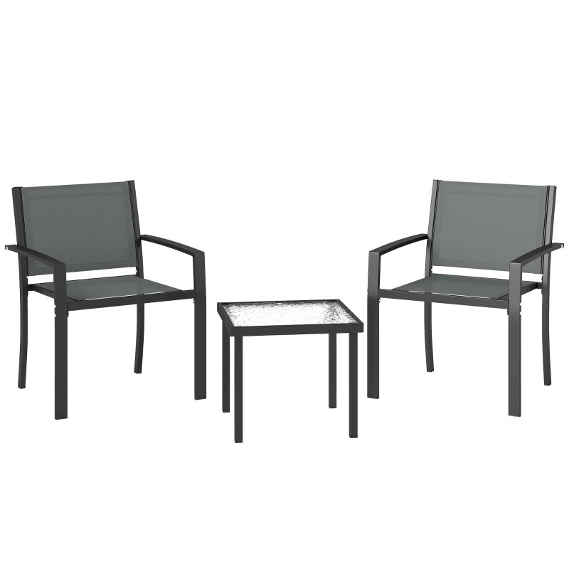 Outsunny Ensemble de Table et Chaises de Terrasse Extérieure 3 Pièces avec 2 Chaises en Textilene Table en Verre Trempé Gris clair