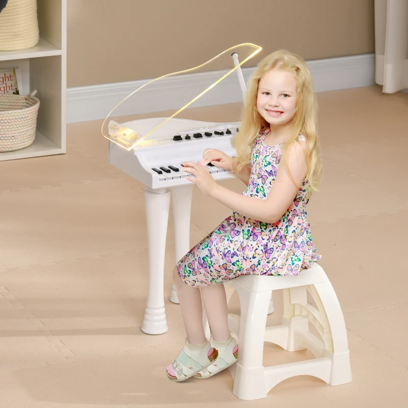 AIYAPLAY Piano enfant électronique 32 touches multifonctions avec micro haut parleur tabouret couvercle lumineux LED blanc