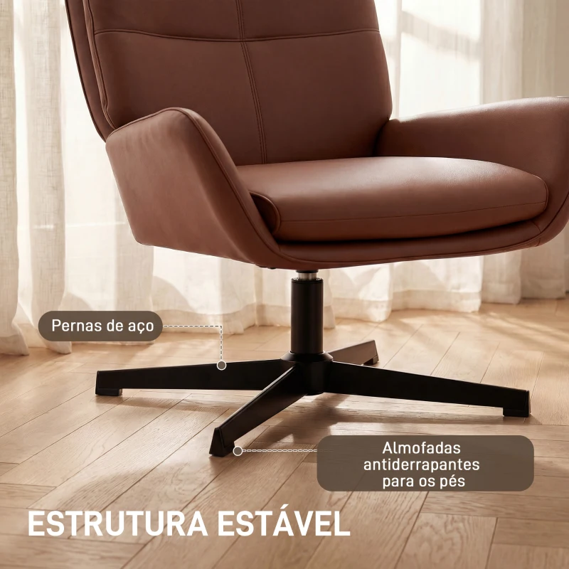 HOMCOM Poltrona de Sala Estofada em PU Poltrona de Leitura com Assento Acolchoado Apoios de Braços Pernas Metálicas Castanho