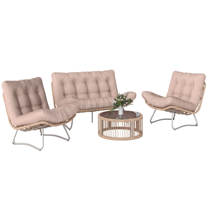 Outsunny Set de muebles de jardín 4 piezas Poliratán Lounge con sofá 2 plazas, 2 sillones, mesa de cristal, asiento ancho y profundo, cojines gruesos