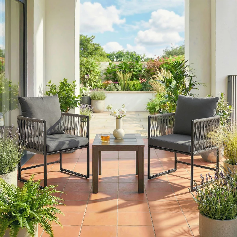 Outsunny Gartenstuhl 2er Set wetterfest Gartenstühle aus Stahl PE-Rattan mit Kissen Armlehne Rückenlehne 52x52x66 cm Dunkelgrau