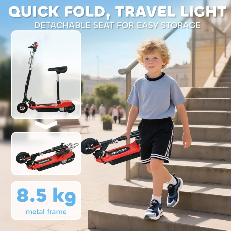 HOMCOM Steel Ride on Powered Scooter, Folding E-Scooter with Warning Bell, 15km/h Maximum Speed, for 6-14 Years Old, Red