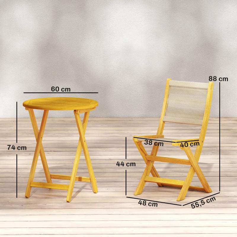 Outsunny Balkonmöbel Set 3 teilig Polyrattan Holz klappbar Gartenmöbel Set mit Tisch 2 Stühle, Atmungsaktiv