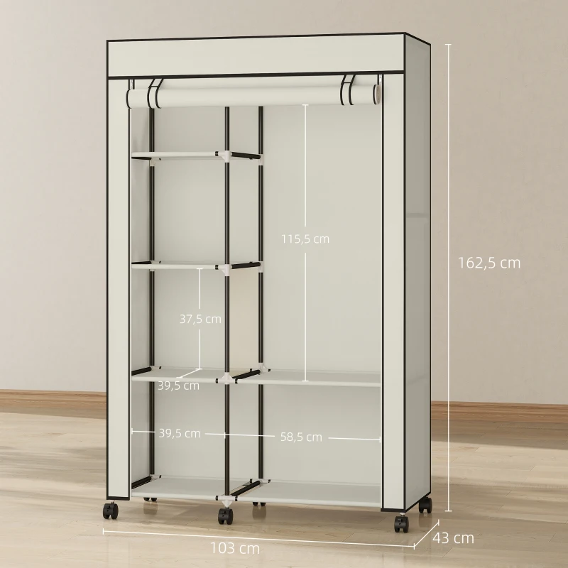 HOMCOM Armoire penderie en tissu meuble de rangement 6 roulettes tringle à vêtements et étagères ouvertes 103x43x162,5cm crème