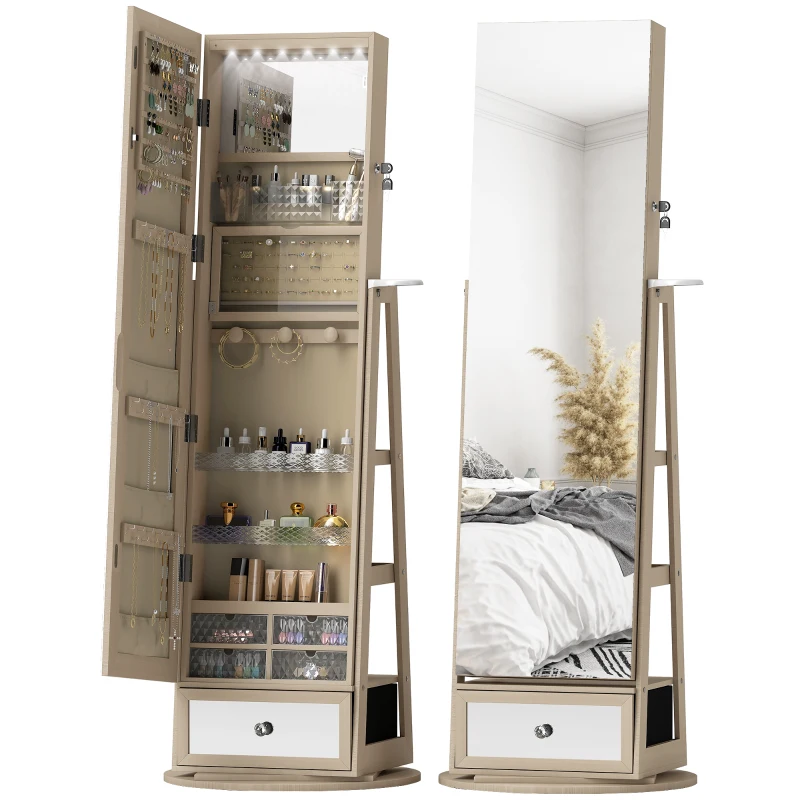 HOMCOM Espelho de Pé Giratório 360° com Espelho com Interior Iluminado Organizador de Jóias com Prateleiras e Gavetas 56x56x164 cm Madeira