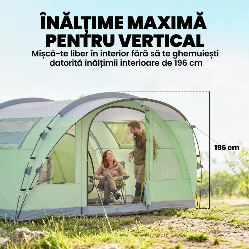 Outsunny Cort Mare Multi-Cameră pentru 2-4 Persoane, cu Ferestre și Verandă, Verde