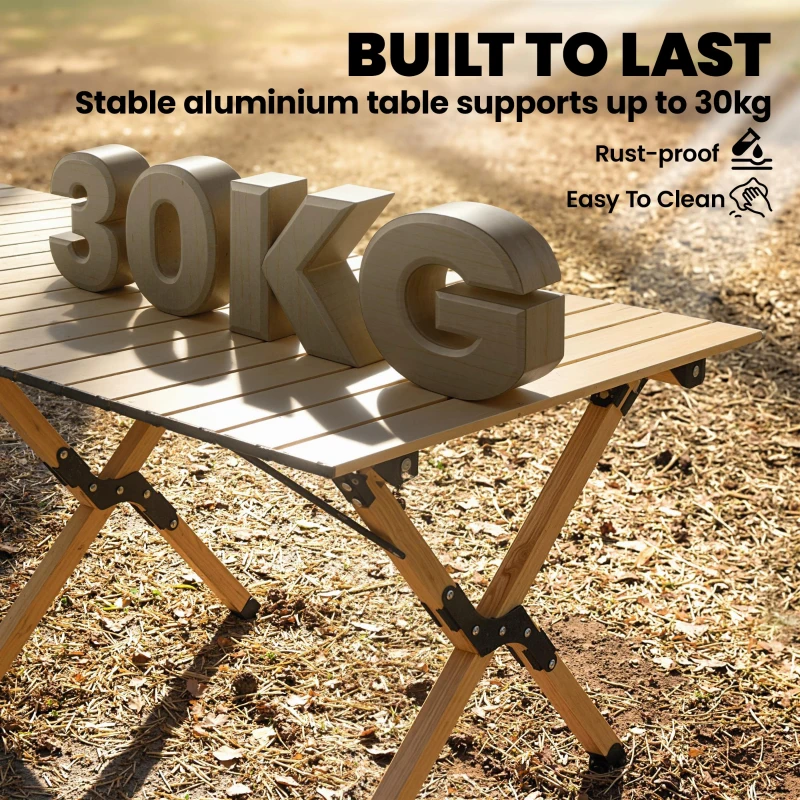 Outsunny Campingtisch 117 x 60 cm Aluminium Klapptisch mit Aufrollbare Tischplatte Holz-Optik Tragetasche wasserdicht