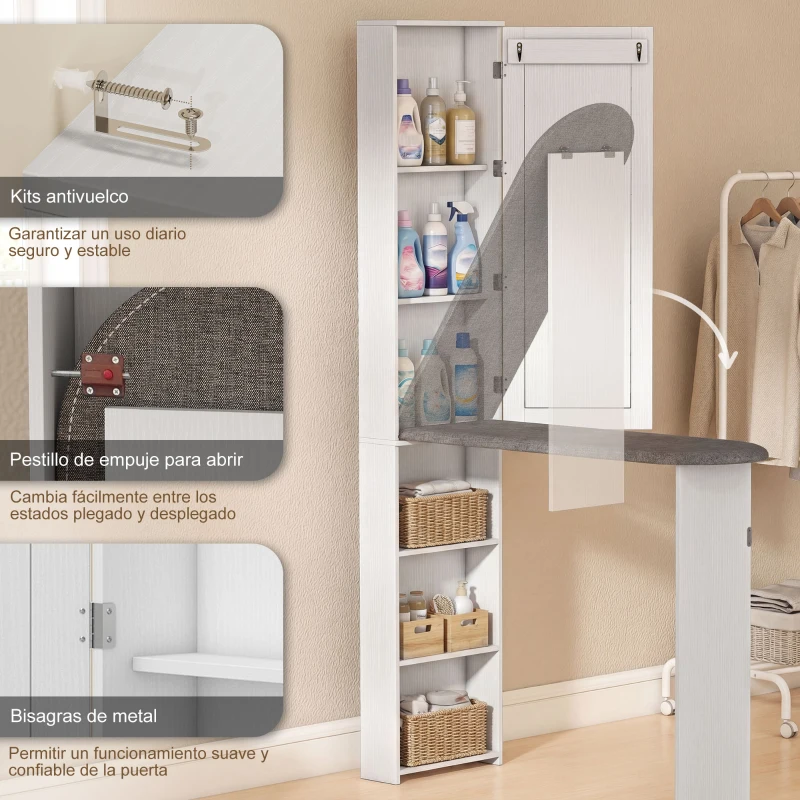HOMCOM Mueble de Plancha con Espejo Tabla de Planchar Plegable 6 Compartimentos 2 Ganchos 107x35x174 cm Blanco