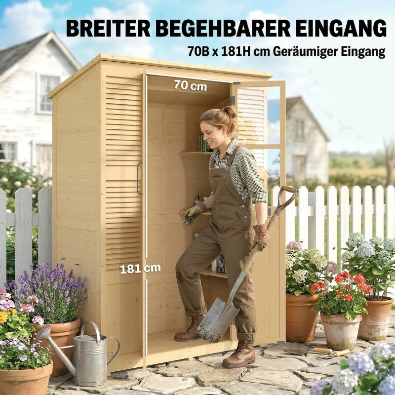 Outsunny Houten Tuinschuur Inloop Gereedschapsschuur met Planken Acrylramen Dubbele Deur Asfalt Dak Lamellenventilatie Bodemplaat