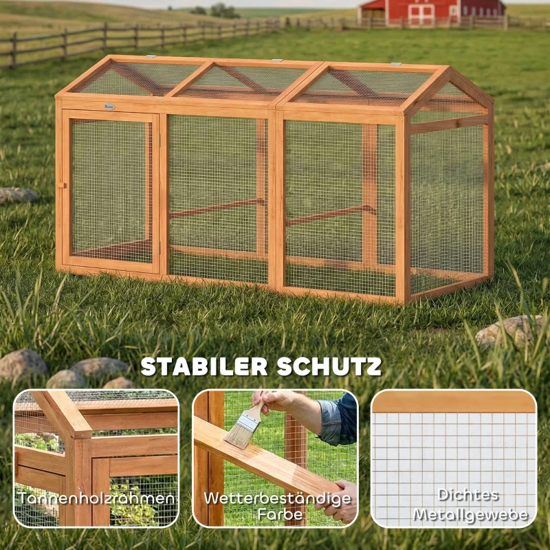 PawHut Hühnerstall Freilaufgehege mit Sitzstange Doppeltüren, aus Holz und Metall, für 4 Hühner, 156 x 70,5 x 84 cm Orange