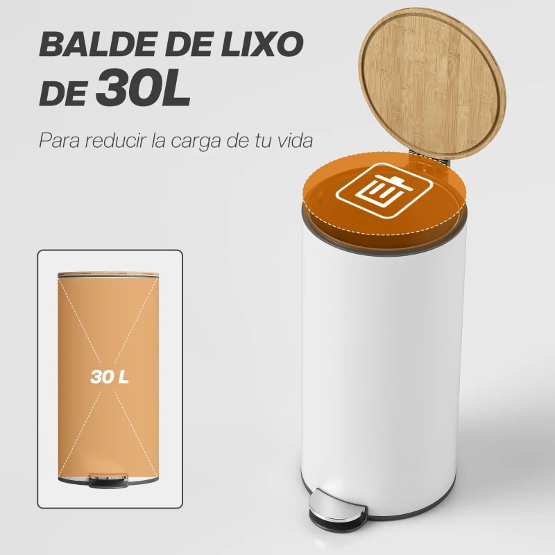 HOMCOM Balde do Lixo para Cozinha com Pedal 30L Cubo de Lixo Metálico com Tampa de Fecho Suave e Balde Removível 36x30x60,5 cm Branco e Madeira