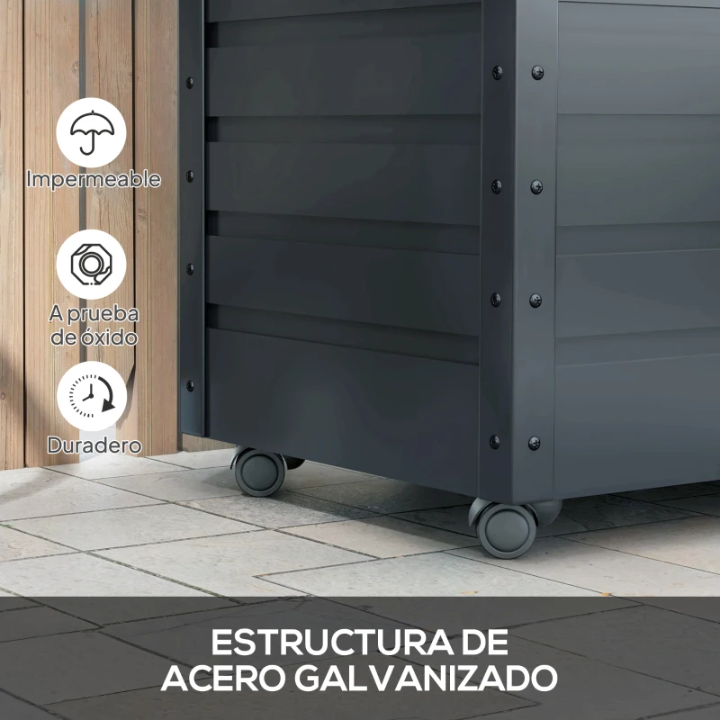 Outsunny Baúl de Almacenaje Exterior de Acero Galvanizado con 4 Ruedas 2 Asas y Tapa con Cerradura 100x62x65 cm Gris Oscuro