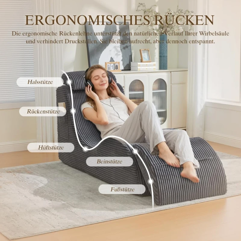 Moderner Freizeit-Sessel mit ergonomischer Rückenlehne, abnehmbarem Sitzkissen und Seitentasche, 160 x 66 x 90 cm, Dunkelgrau