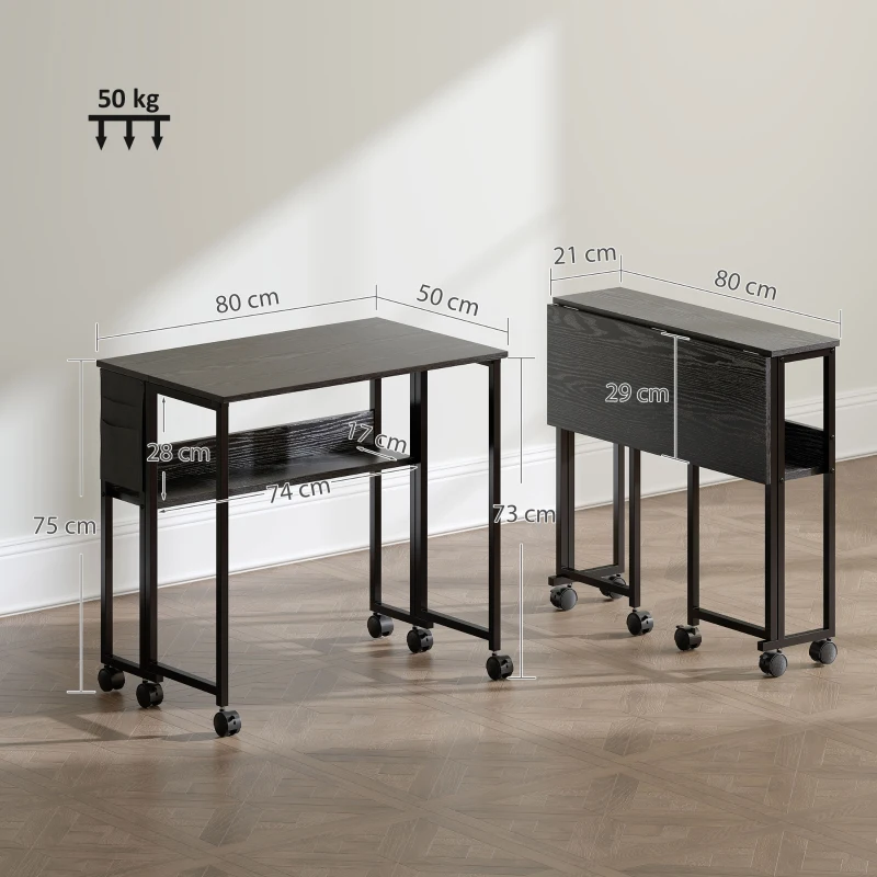 HOMCOM Bureau pliable sur roulettes 80 x 50 cm avec étagère et sac de rangement, noir