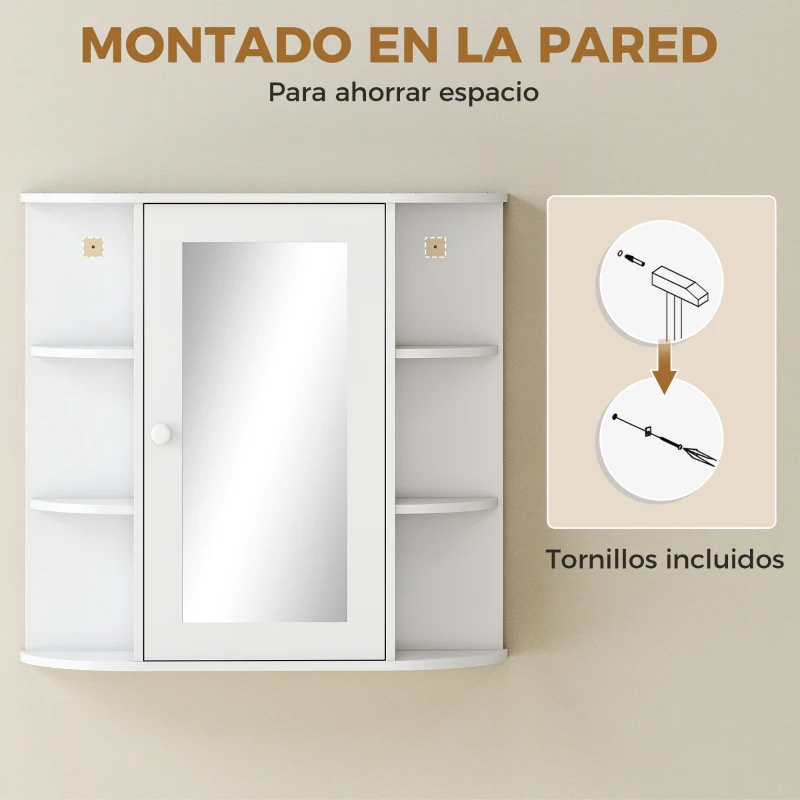 HOMCOM Armario de Baño con Espejo, Armario de Pared con Puerta, Estantes Abiertos, Mueble de Baño Colgar para Cocina, Salón, 66x17x63 cm, Blanco