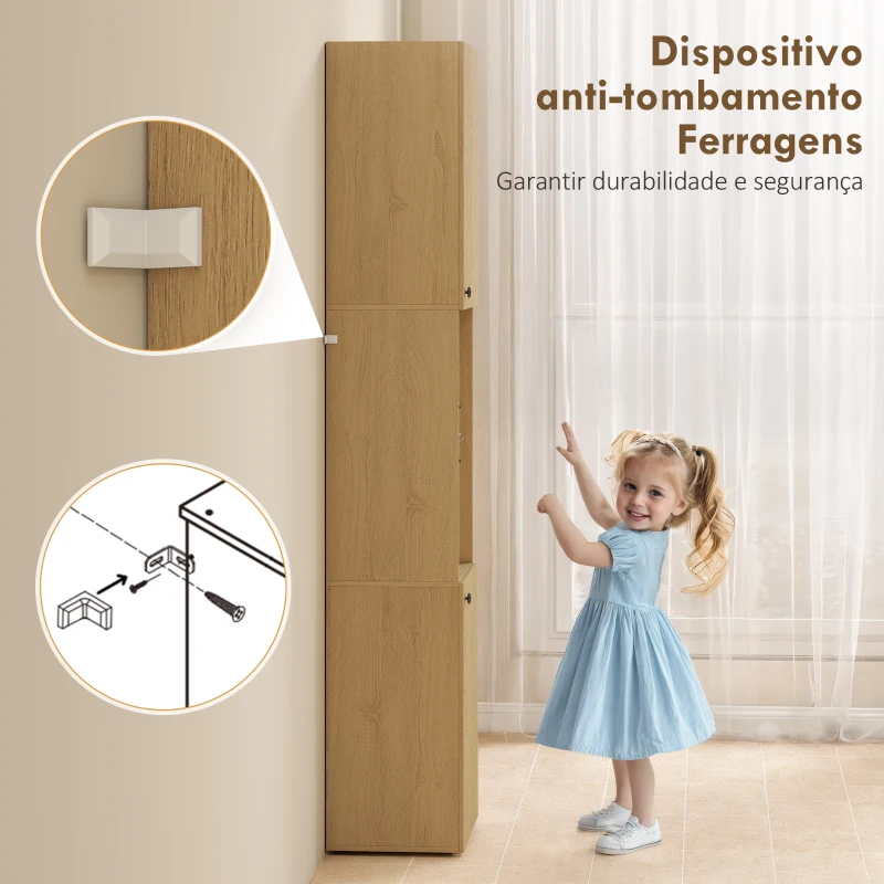 HOMCOM Coluna Casa de Banho Estreita Armário de Banho Alto com 6 Níveis com 2 Portas Prateleira de Vidro  40x31x182 cm Carvalho