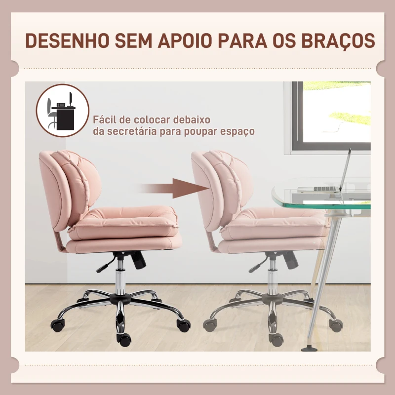 HOMCOM Cadeira de Escritório com Rodas Cadeira para Secretária com Função Inclinável Assento Amplo Sem Braços 60x65x83-93 cm Rosa
