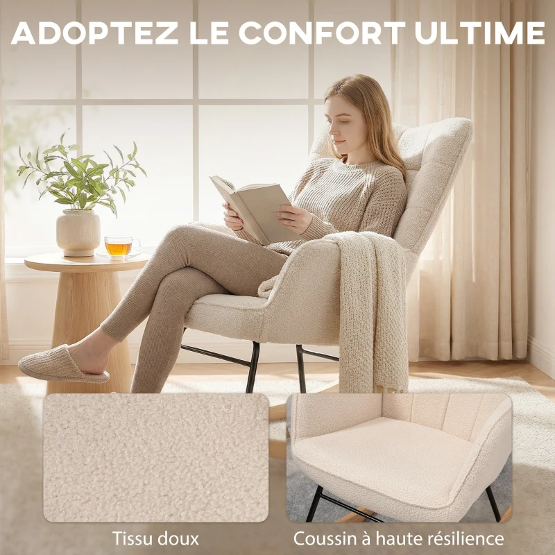 HOMCOM Fauteuil à bascule rocking chair revêtement effet laine bouclée, structure en acier 71 x 98 x 101 cm beige
