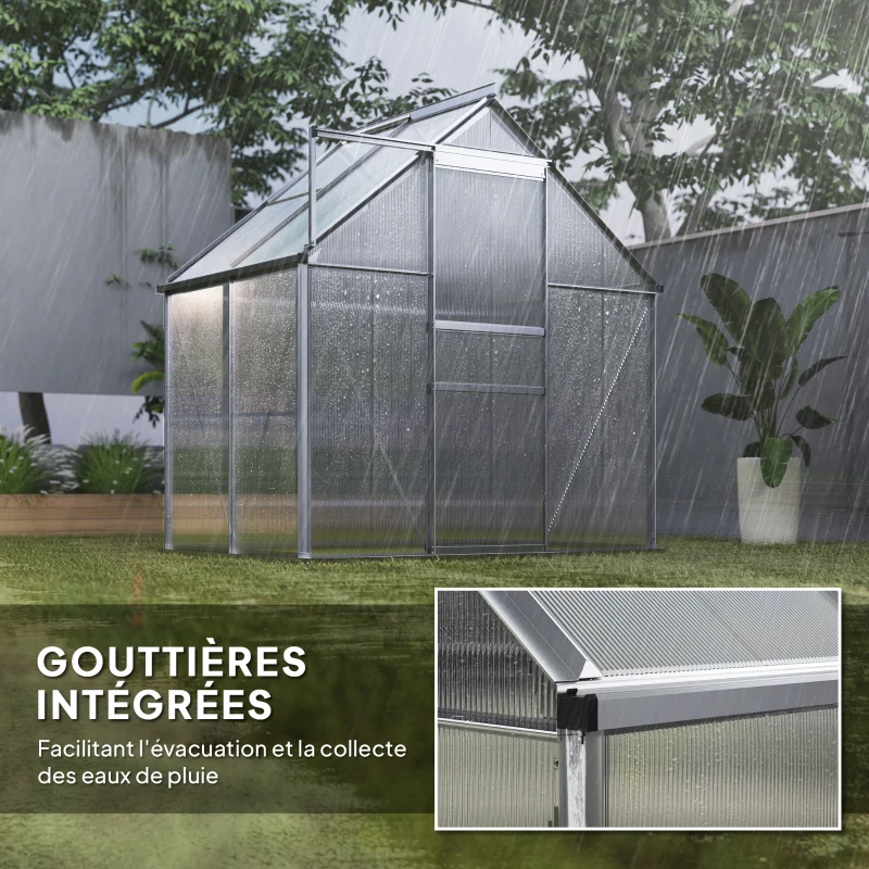 Outsunny Serre de jardin en aluminium polycarbonate avec fondation, serre avec fenêtre réglable porte coulissante 192,5x131x200cm