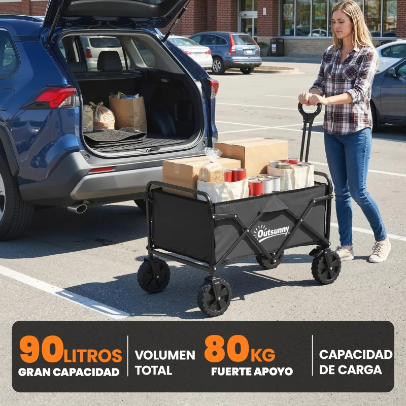 Outsunny Carro de Jardín Plegable con Ruedas Bloqueables Mango Ajustable Portavasos Carga 80 kg para Campaña 85x50x99 cm Negro
