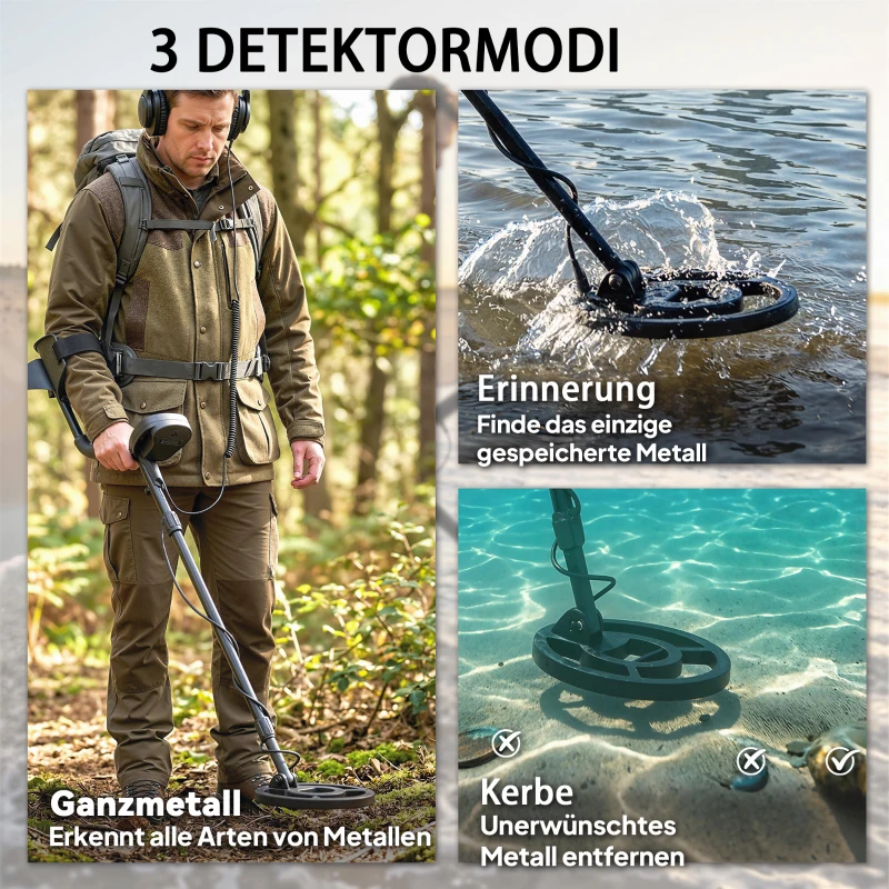 Outsunny Metalldetektor IP68 Wasserdicht Metallsuchgerät mit 3 Modi Kopfhörer Schaufel Spule LCD-Display 7 Zoll Detektionstiefe