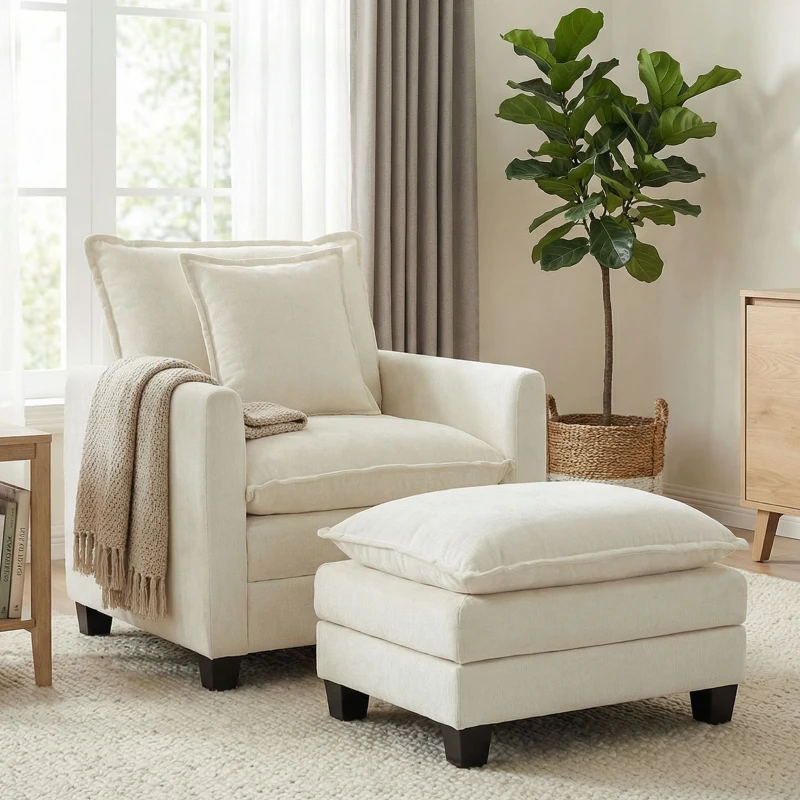 HOMCOM Fauteuil salon avec repose-pied, canapé 1 place en chenille, assise large, rembourrage double couche, 85x128x86cm, crème