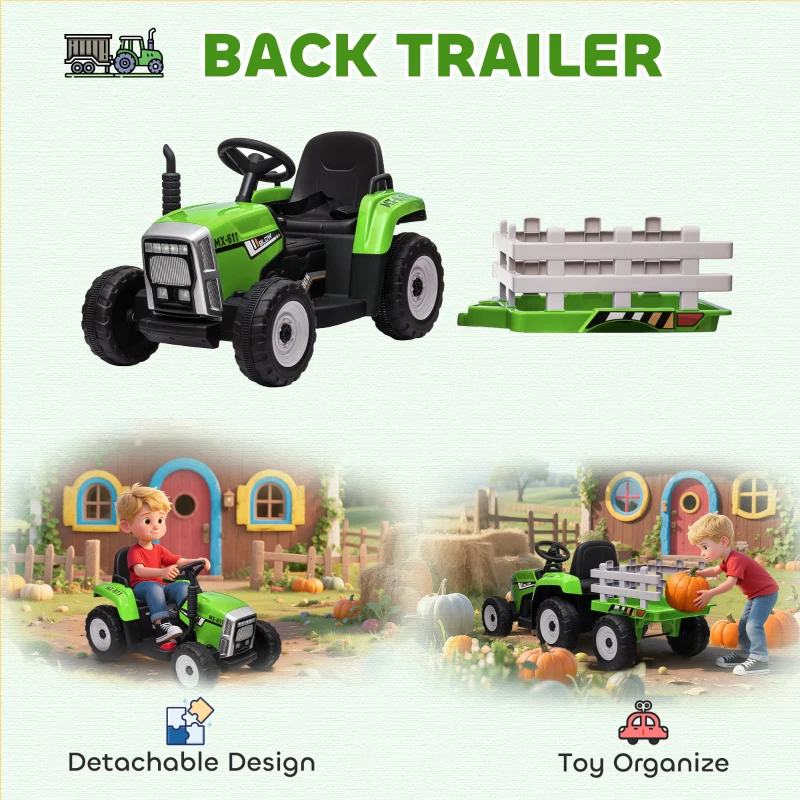 HOMCOM Ride On Tractor, Battery Powered Electric Car, with Detachable Trailer, Remote Control, Music - Green