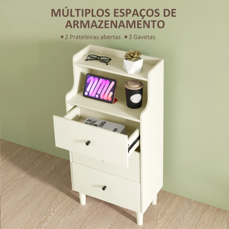 HOMCOM Cómoda com 3 Gavetas Cómoda de Quarto Estreita com Prateleiras Abertas Anti-Tombo Gaveteiro Alto 47x29x95 cm Branco Acinzentado