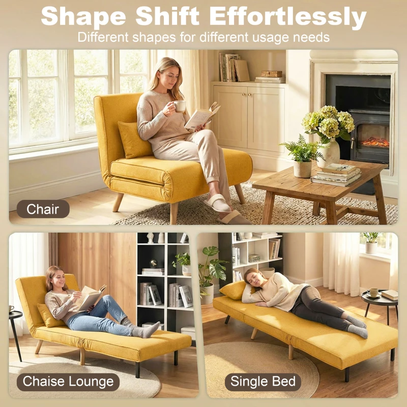 HOMCOM Sofá Cama Individual Plegable con Respaldo Ajustable 5 Posiciones Sillón Cama Tapizado con Cojín 72x75x85 cm Amarillo