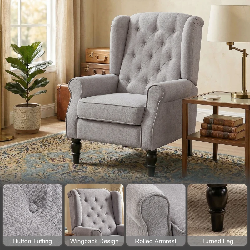 HOMCOM Retro Accent Chair, Wingback Armchair with Wood Frame Button Tufted Design for Living Room Bedroom, Grey
