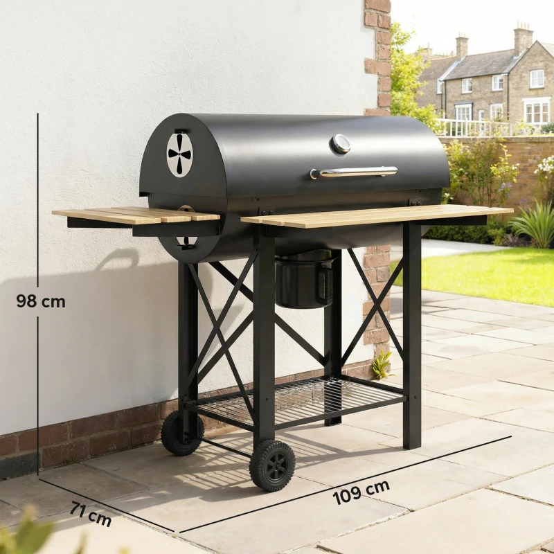Outsunny Barbecue a Carvão Portátil Móvel com Prateleiras Dobráveis Termómetro Tampa Ventilações Ajustáveis 109x71x98 cm Preto