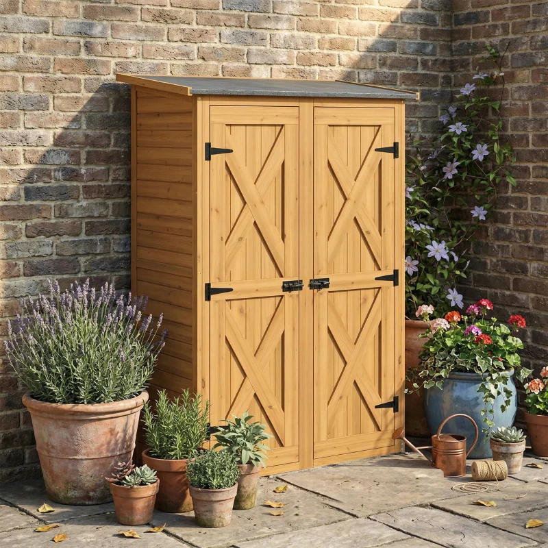 Outsunny Caseta de Jardín de Madera 115x53x156 cm Armario para Herramientas con Puertas Dobles y Estantes Techo Inclinado Marrón