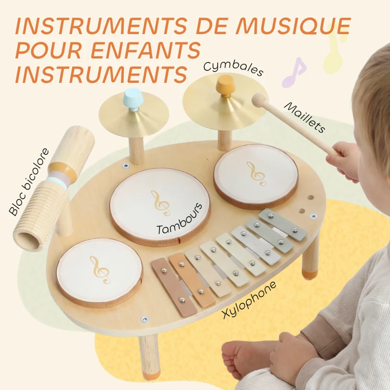 AIYAPLAY Jeux de Tambours pour Bébé, Tambour bébé avec Xylophone pour Tout-Petits, Instruments de Musique en Bois, Naturel