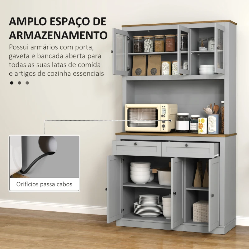 HOMCOM Armário de Cozinha com 3 Portas de Vidro Compartimento Aberto 2 Gavetas e Prateleiras Ajustáveis 100x40x180 cm Cinzento