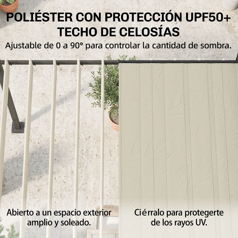 Outsunny Pérgola de Jardín 3x3,8 m con Techo de Lamas Ajustable a 90° Manivela Estructura de Aluminio y Acero UPF50+ Beige