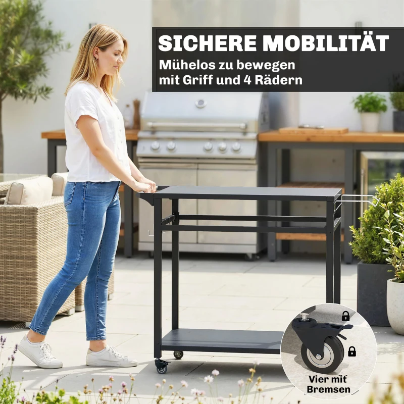 Outsunny Küchenwagen mit Rollen, 2-stöckiger Servierwagen mit Müllbeutelhalter, Haken, Griffe, 113 x 50,5 x 88 cm Schwarz