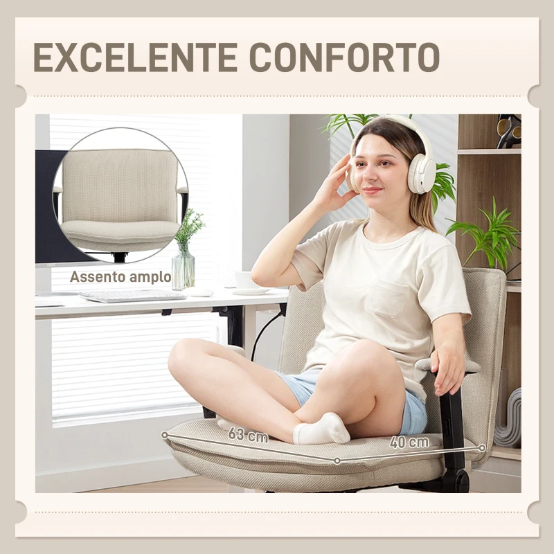 HOMCOM Cadeira de Escritório com Apoios de Braço Rebatíveis Assento  Altura Ajustável  Função Basculante 76x70x85-97 cm Creme